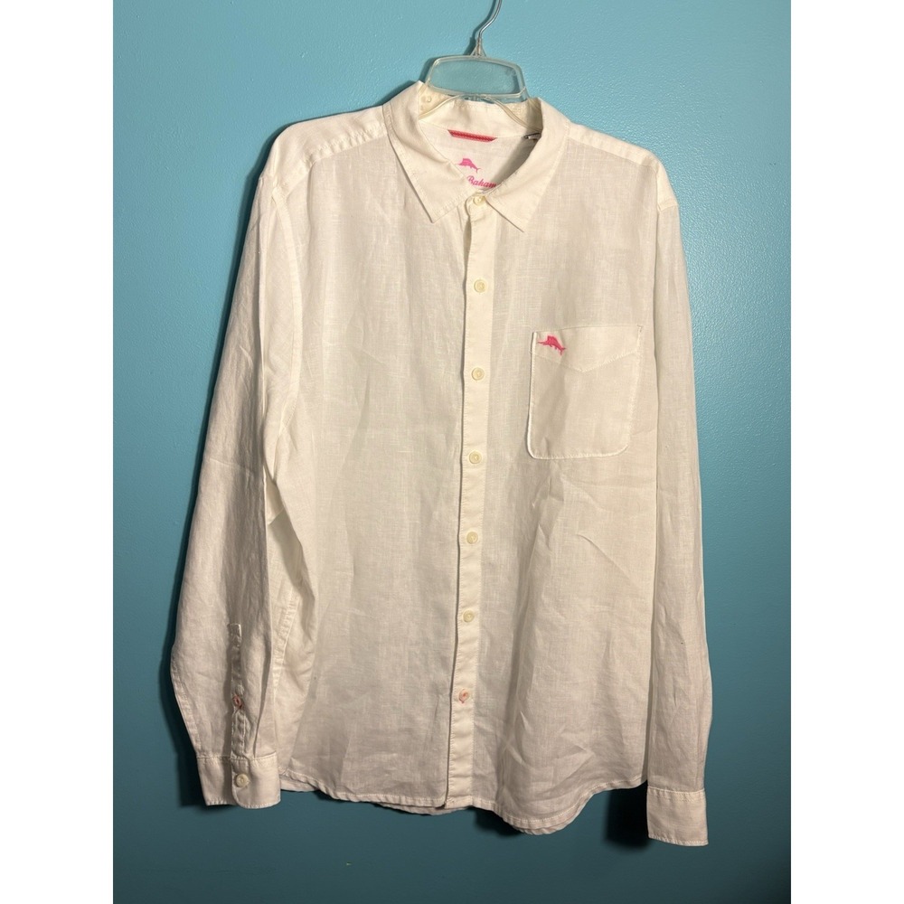 Tommy Bahama Men's XL Shirt White 100% Linen Long Sleeve Button Up Pink Marlin